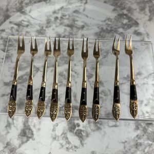 Vintage Mid Century Modern Siam Appetizer Forks 9 Piece Brass Thailand Buddha